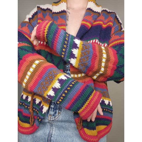 Vtg 80s Southwestern Concho Geometric Knit Colorful Rainbow Boho Sweater Sz L - Picture 5 of 9